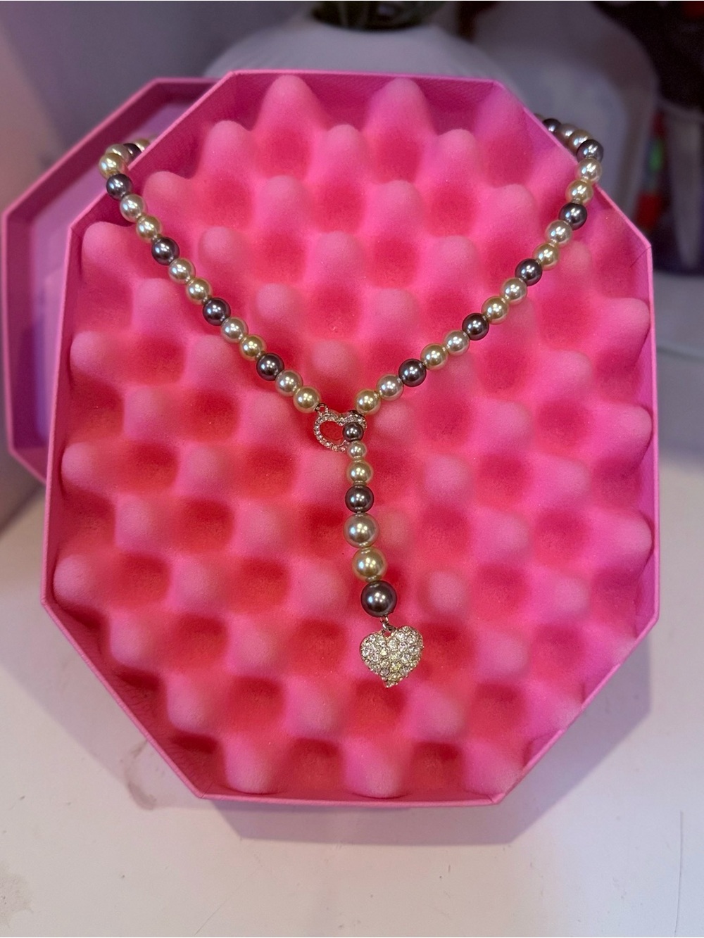 Pearl and Crystal Heart Drop Necklace - Two-Tone Pearls